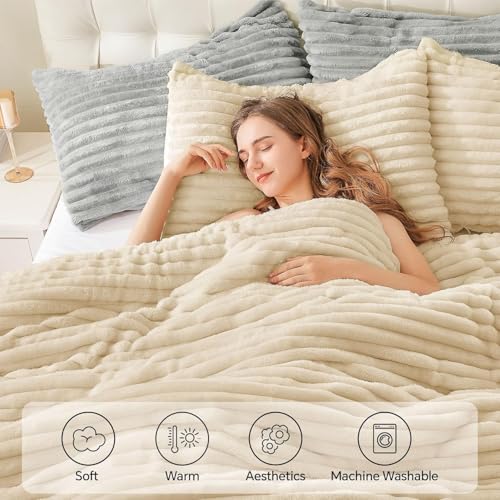Image of BEDELITE Fleece Full Comforter Set -Super Soft & Warm Fluffy Beige Bedding, Luxury Fuzzy Heavy Bed Set for All Season with 2 Pillow Cases