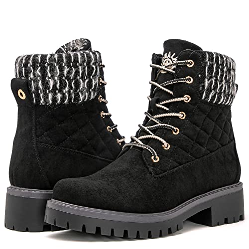 GLOBALWIN Women's Ankle Boots Fashion Fall Winter Combat Boots Lace Up Combat Boots Low Heel Warm Fur Ankle Booties For Women Black/White 7M
