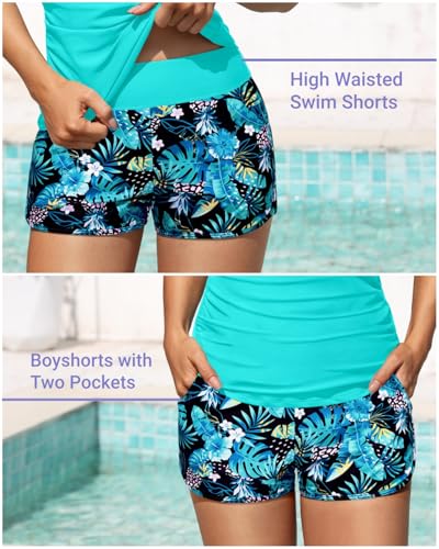 Image of Women Tankini Swimsuit with Shorts Two Piece Tummy Control Bathing Suit | Pockets,Tummy Control,Removable Bra Pads,Quick Dry,Adjustable Shoulder Straps