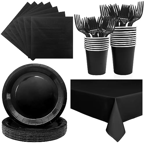 Severs 25 Guests Black Paper Plates 9 Inch Bulk Black Paper Plates Cups Napkins and Tablecloth Disposable Cake Plates Paper Plate Black for Birthday Wedding Party