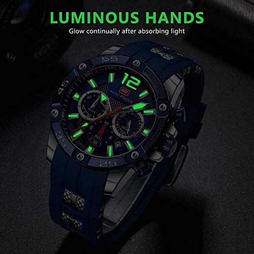 Image of MF MINI FOCUS Men Watch, Chronograph Waterproof Sport Analog Quartz Watches Blue Silicon Strap Fashion Wristwatch for Men