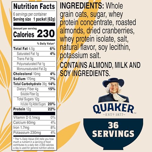 Image of Quaker Instant Oatmeal, Select Starts, Protein, Cranberry Almond, Breakfast Cereal, 6 Packets Per Box (Pack of 6 Boxes)