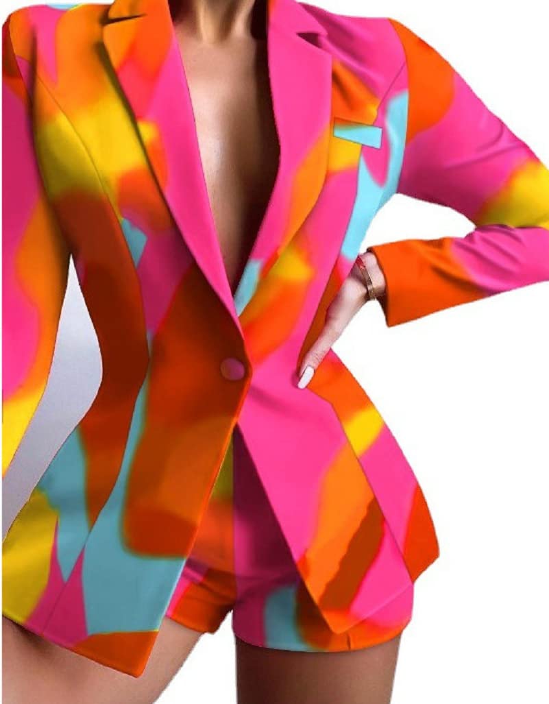 Womens 2 Pieces Floral Pantsuit Summer Suit Long Sleeve Blazer Short Pants Set Suits