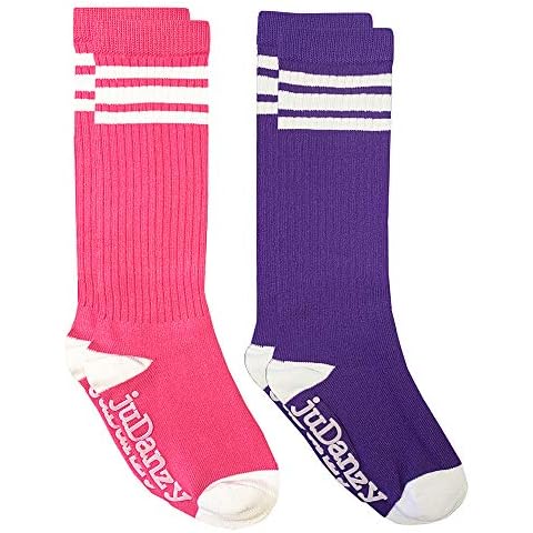 juDanzy 2 Pack of Baby, Toddler and Kids Knee High Tube Socks for Boys and Girls with Grips (4-6 Years, Dark Purple & Hot Pink) Cover