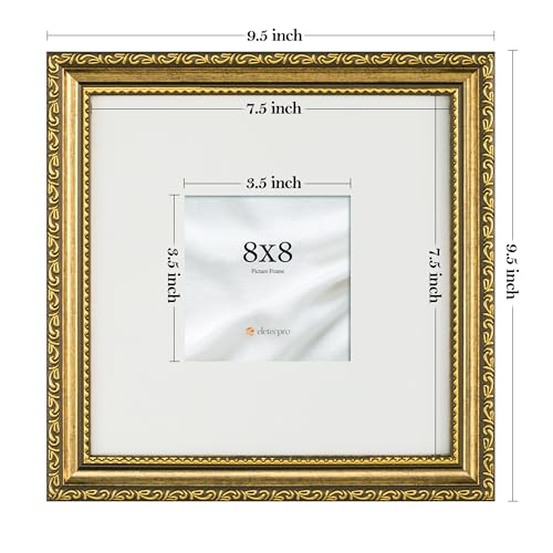 Image of eletecpro 8x8 Vintage Picture Frame, Glass Cover, Gold, 2-Pack | Display Photo 4x4 with Mat or 8x8 without, Tabletop or Wall Decor