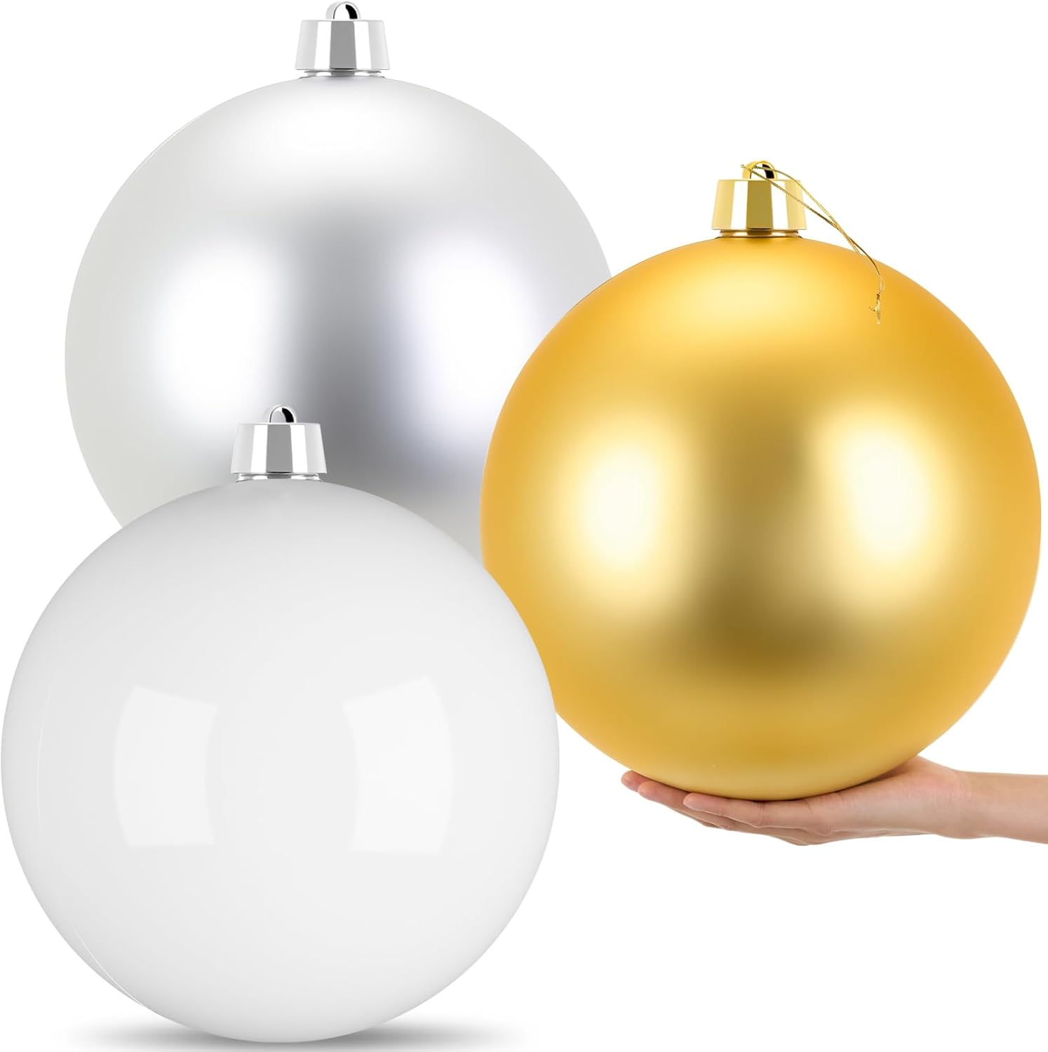 Zubebe 3 Pcs 12'' Extra Large Christmas Ornaments Balls for Christmas Tree Outdoor Decor, Giant Oversized Hanging Plastic Xmas Balls Ornaments for Holiday Party Outdoor(Matte White, Gold, Silver)