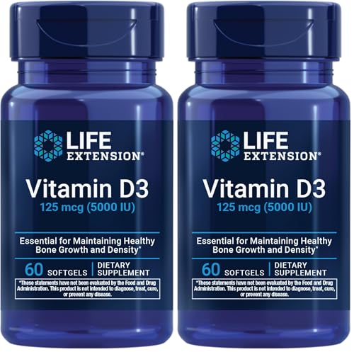 Image of Life Extension Vitamin D3 125 mcg (5000 IU), Bone Health, Brain Performance, Immune System Support, Gluten-Free, Non-GMO, Once Daily, Two-Month Supply, 60 Softgels (Pack of 2)