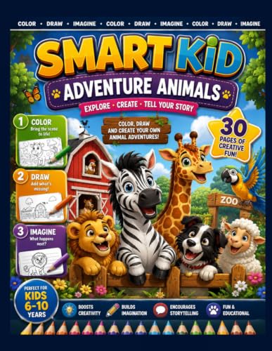 Smart Kid: Adventure Animals : A Creative Coloring and Activity Book to Color, Draw, Design and Imagine Your Own Home - 30 Fun Missions for KIds Ages 6-10 image 2