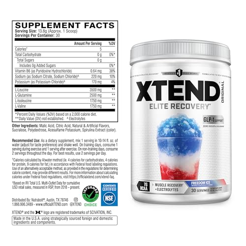 Image of Xtend Original BCAA Powder, 7g BCAAs and 2.5g L-Glutamine for Muscle Recovery Hydration and Lean Muscle, Sugar Free Intra and Post Workout Drink with Electrolytes, Freedom Ice, 30 Servings