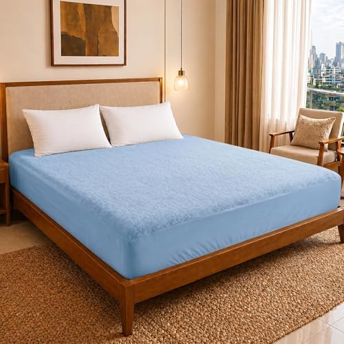 DREAM CARE Water Proof Terry Cloth Fitted Mattress Protector 84x66 Inch for Double Bed Queen Size with Elastic Strap | Water Resistant Ultra Soft Mattress Cover | Hypoallergenic Bed Cover (Sky Blue)