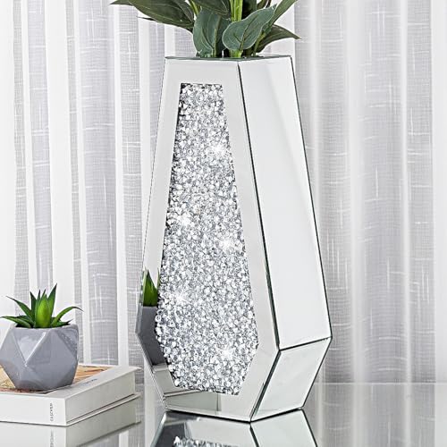 Crushed Diamond Mirrored Flower Vase Large Glass Vase Modern Crystal Decorative Mirror Vases Stunning Luxury Tall Floor Vase for Centerpieces Flowers Home Decor, Silver, 14' H. Can’t Hold Water.