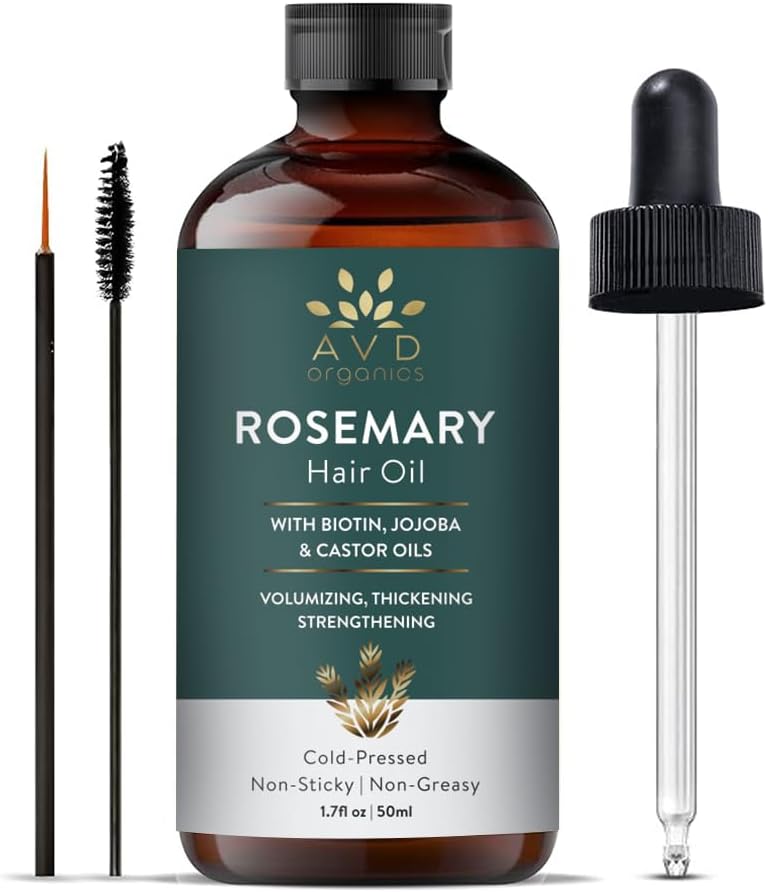 AVD Organics Rosemary Hair Oil with Biotin for Hair, Strengthening, Nourishing, and Volumizing Formula with Jojoba Oil and Castor Oil - Non GMO Verified, 1.7 Fl oz