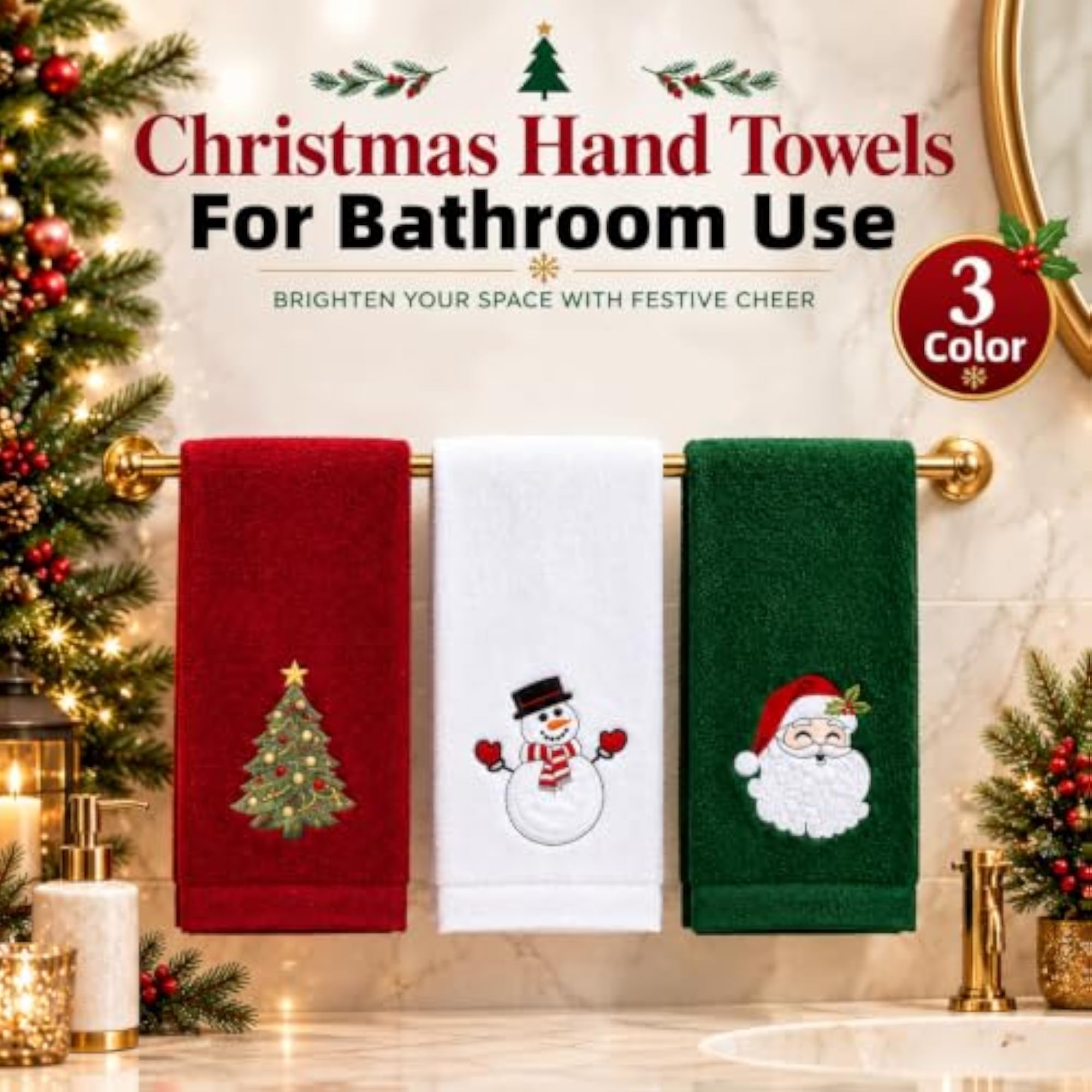 Christmas Hand Towels, 18x25 Cotton for Kitchen and Bathroom, 3-Pack