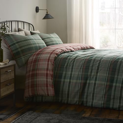 Dreams & Drapes Lodge Bennet Check Duvet Cover Set, 100% Brushed Cotton, King Size 230x220cm, Green - Image 2