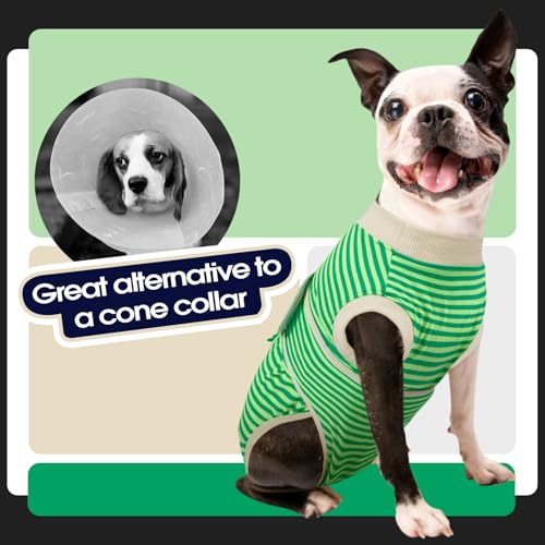 Image of FUAMEY Dog Recovery Suit Male,Dogs Surgery Neuter Suits Puppy Spay Shirts for Female Protect Dog's Skin Anti Licking Abdominal Wounds Doggie Onesie Pet Bodysuit Alternative to Cone Green Stripes XS