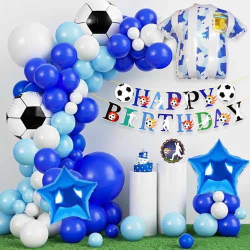 Image of Rozi Decoration Football Theme Birthday Decoration Kit for Boys - 56 Pcs Blue & White Football Balloons Decoration with Happy Birthday Banner, Jersey & Star Foil Balloons for Kids Bday Party