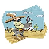 Ambesonne Cartoon Place Mats Set of 4, Mexican Man Wearing Sombrero Hat Riding a Donkey in The...