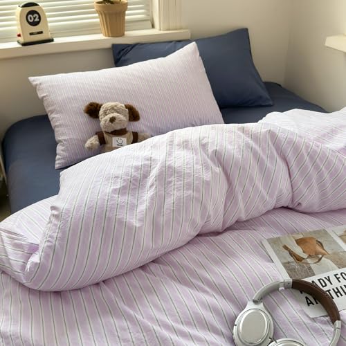 Image of VM VOUGEMARKET Pink Striped Duvet Cover Set Queen Size,Casual Stripe Bedding Set for Teens Girls,Soft Microfiber Comforter Cover for Modern Bedroom,90 inchx90 inch