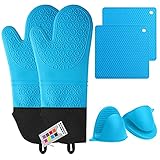 Silicone Oven Mitts and Pot Holders Set, MTZRFLL Extra Long Non-Slip Heat Resistant Oven Gloves with...
