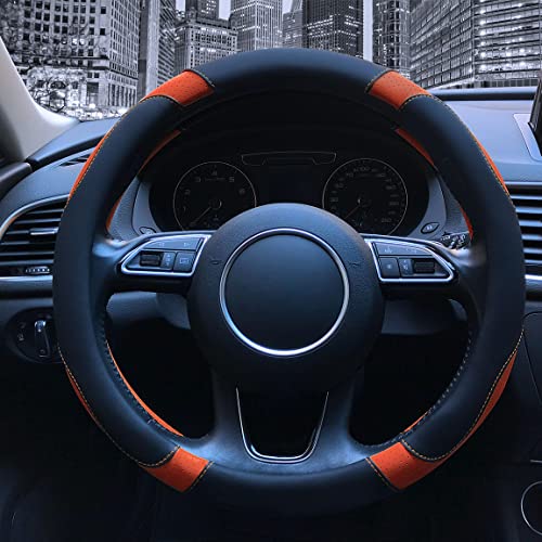 Binsheo Leather Steering Wheel Cover, Breathable, Anti Slip & Odor Free, Black And Orange #TOP1