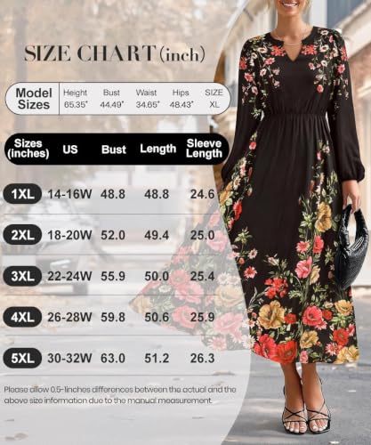 Image of TIYOMI Womens Plus Size Dresses Fall Long Sleeve Maxi Dresses V Neck Floral Spring Party Dress with Pockets XL-5XL (14W-28W)