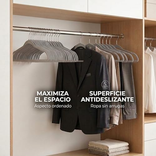 Miniatura 4 de Ediesi, Perchas Terciopelo, 50 Unidades, Gris, Antideslizantes, Suaves, Finas, Para Pantalón, Camisa, Falda, Trajes 50 Unidades, Gris Sin Corbatero