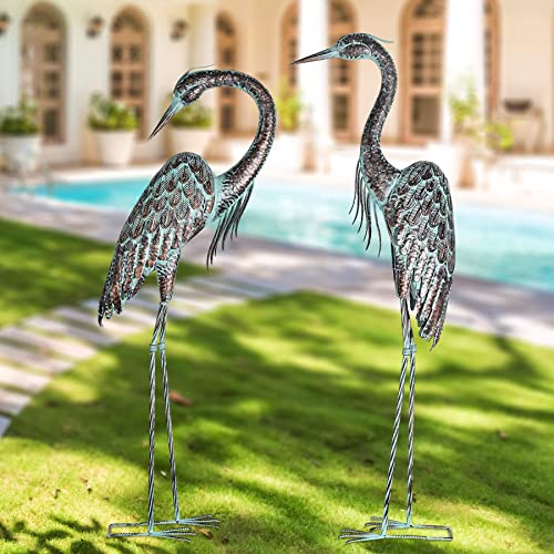 Kircust Garden Crane Statues, Standing Metal Patina Heron Decoy Outdoor Statue Large Size Bird Yard Art For Patio Lawn Pond, Set Of 2 #TOP1