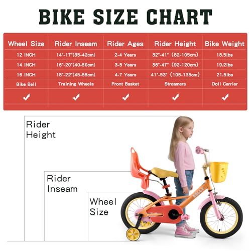 Image of RULLY 12 14 16 Inch Kids Bike for 2-7 Years Girls 33-53 Inch Tall, Toddler Bicycle with Training Wheels & Coaster Brake, Rainbow Bike, Macarons