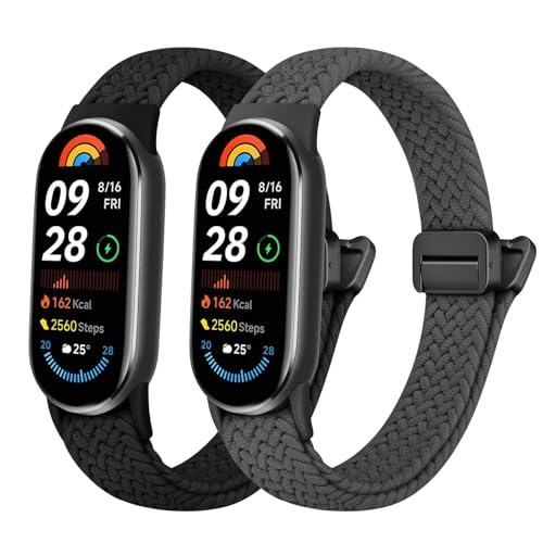 Raradev 2 Stück Nylon Geflochtenes Armband Elastische Herren Damen Nur Kompatibel mit Xiaomi Smart Band 10/9/8 Stufenlos Verstellbare Dehnbare Armbänder Sport Ersatz Armband für Xiaomi Mi Band 10/9/8