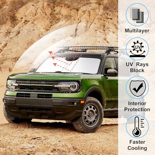 Image of Windshield Sun Shade for 2021-2026 Ford Bronco Sport Accessories | Full covered, Foldable & Durable, Block UV Rays, Reduce Heat, Easy to install, Keep Car Cooler
