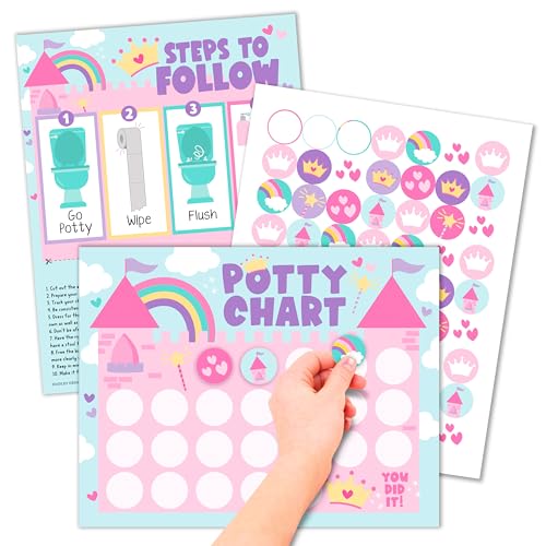 Image of Hadley Designs Potty Training Chart for Toddlers Girls -10 Sticker Potty Chart for Toddlers Girls, 8.5x11 inch Potty Training Sticker Charts for Toilet Success, Princess Toddler Reward Chart for Kids