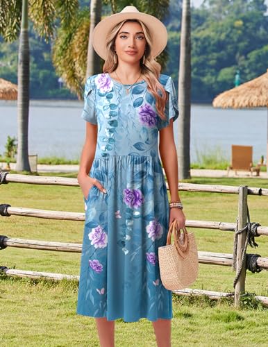 Image of HOTOUCH Women's Summer A-Line Midi Dresses 2026 Casual Floral Short Sleeve T-Shirt Dress Flowy Beach Sundress with Pockets