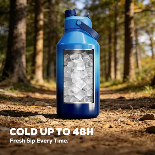 Image of POWCAN 64 oz Insulated Water Bottle with 2-in-1 Straw and Spout Lid, Leakproof, Carrier Bag, Cleaning Brush, BPA-Free, Metal Water Bottle with Handle for Outdoors, Sport, Gym and Hiking (Shoreline)
