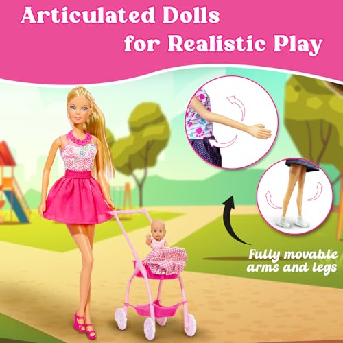Image of Steffi Love Doll Set| Steffi Love Baby Walk Toy| Steffi with Baby & Stroll| Set of 15+ Baby Essentials| Pretend Play Set| Ideal Gift for Girls Age 3+ (Pink)