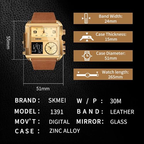 Image of SKMEI Men's Digital Sports Watch, LED Square Large Face Analog Quartz Wrist Watch with Multi-Time Zone Waterproof Stopwatch