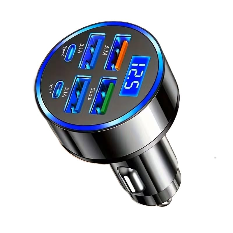 6-Port Fast Car Charger USB-C with LED Voltage Display, Multi Port Cigarette Lighter Adapter for iPhone, Android 6 PORT