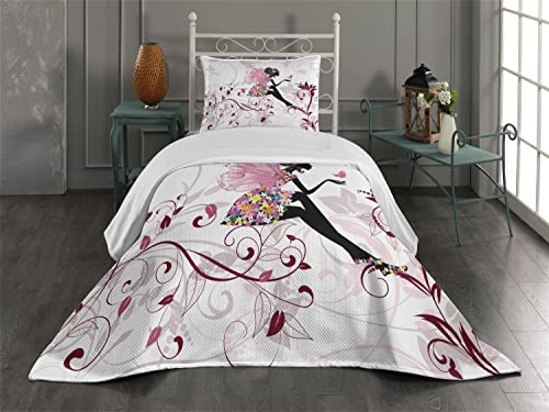 Ambesonne Cartoon Coverlet, Flower Butterflies Wings Branches Ornaments Floral Spring Forest, 2 Piece Decorative Quilted Bedspread Set with 1 Pillow Sham, Twin Size, Maroon Black Pink