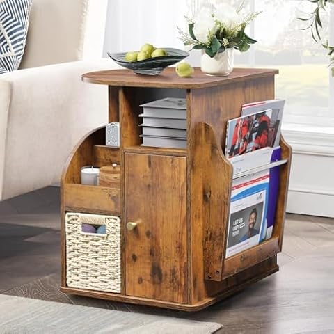TooCust Rotating End Table with Storage, Rotating Side Table Living Room, Side Table with Magazine Holder, Basket and Cabinet, Sofa Side Farmhouse End Tables with Open Shelf (Rustic Brown) Cover