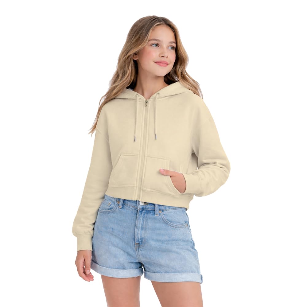 HOODLIFE Girls Cropped Zip-Up Hoodie Sweatshirt Soft Cotton Blend Crop Jacket with Hood, Drawstring & Front Pocket Casual Lightweight Hoodie-picture-31