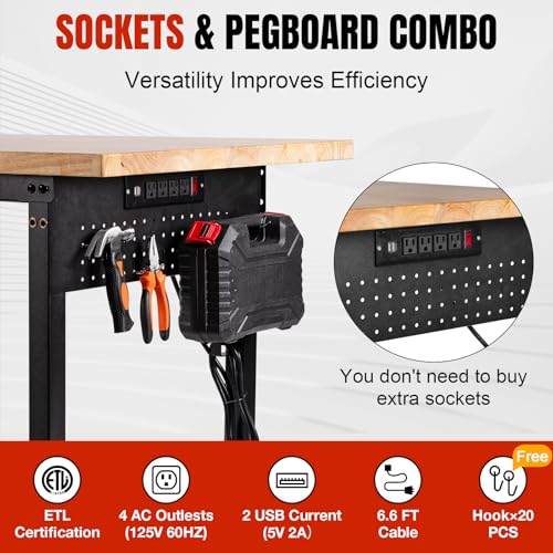 Image of Height Adjustable Workbench with Wheels 60 inchx22 inch Heavy Duty Work Table 2000 LBS Capacity Rolling Work Table Rubber Wood Work Station with Power Outlet & Pegboard for Garage, Office, Workshop