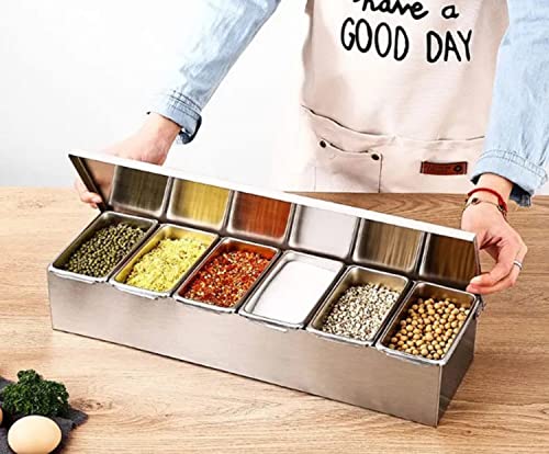 TrueCraftware 6 Compartment Stainless Steel Condiment Bar - Open Bottom Serving Container Garnish Tray Bar Caddy