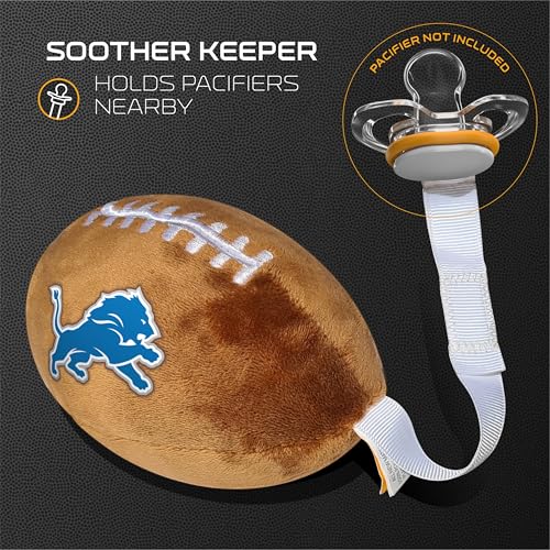 Image of Detroit Lions Plush Football Pacifier Holder by Smilo - Officially Licensed NFL Soother Holder - Soft Plush Toy and Dummy Holder - Fits Any Pacifier - Stroller Accessory & Newborn Essential