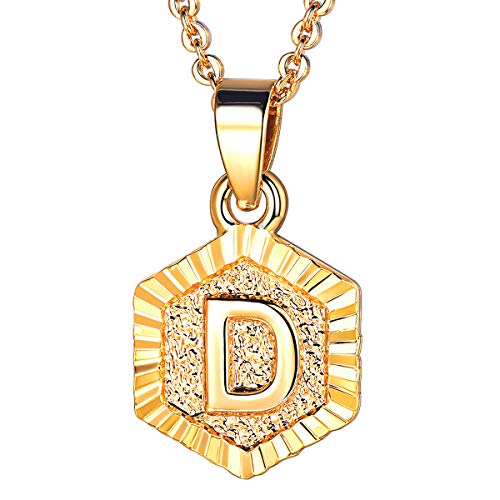 Initial Letter Pendant Necklace Girls Womens Yellow 18K Gold Plated Hexagon Script Capital