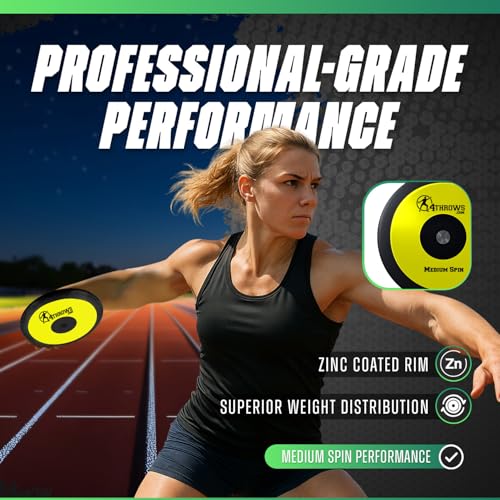 4THROWS Medium Spin Competition Discus for Track & Field, High School, College, Men & Women — 75% Rim Weight, IAAF World Athletics Certified with Free Carry Bag, Neon Yellow and Black, 1kg