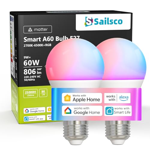 sailsco Matter Lampadina WiFi E27 Intelligente LED Smart,Compatibile con Alexa,Google Home,Smart Life, 9W(Equivalenti a 60 W), Dimmerabile RGB+2700K-6500K Lampadine Multicolore A60, Pacco da 2