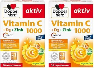 Doppelherz Vitamin C 1000 + D3 + Zink – Hochdosiert mit Vitamin C, Zink und Vitamin D3 zur Unterstützung einer normalen Funktion des Immunsystems – 30 DEPOT-Tabletten (Packung mit 2)