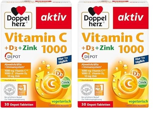 Doppelherz Vitamin C 1000 + D3 + Zink – Hochdosiert mit Vitamin C, Zink und Vitamin D3 zur Unterstützung einer normalen Funktion des Immunsystems – 30 DEPOT-Tabletten (Packung mit 2)