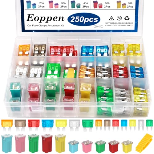 Eoppen 250Pcs Car Fuse Assortment Kit 5A 7.5A 10A 15A 20A 25A 30A Standard & Mini Car Blade Fuses 20A 30A 40A 50A 60A Low and Tall/STD Profile Box Shaped Automotive Fuse for Cars, Trucks and SUV, Boat