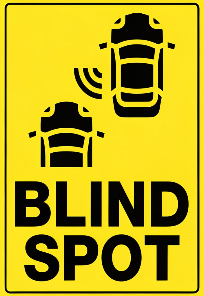 peiyeety Blind Spot Warning Tin Sign 12x8 Inch, Yellow & Black Safety Metal Wall Plaque, Parking Garage Driveway Workshop Decor, Reflective-Style Traffic Notice, Gift for Drivers & Car Lovers