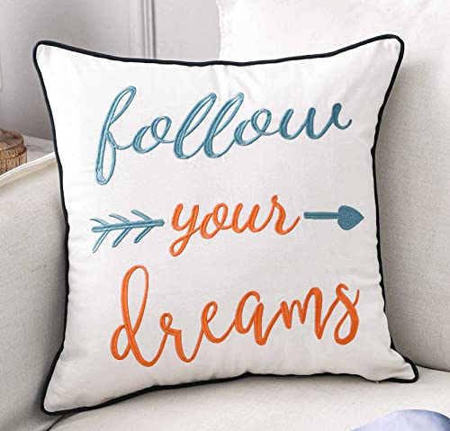 Decopow Embroidered Follow Your Dreams Throw Pillow Cover,Square 18 Inches Decorative Canvas Pillow Cover,Cover Only #TOP24